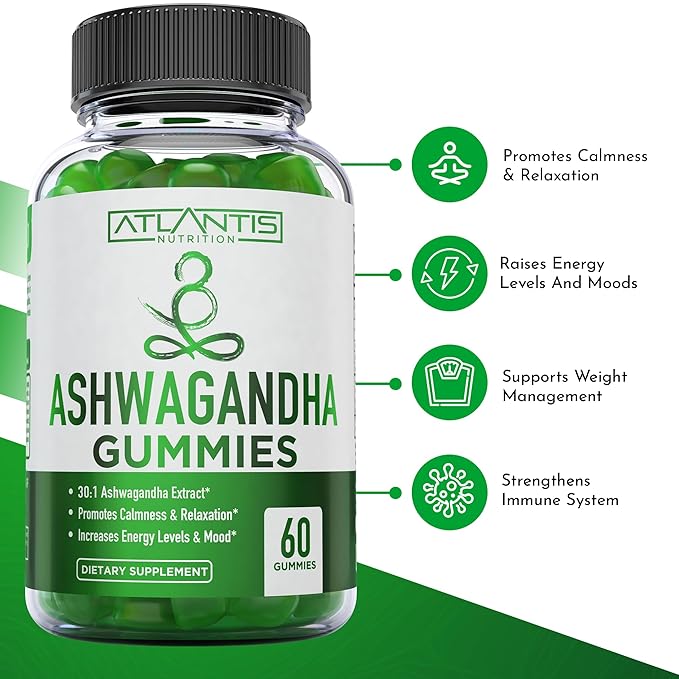 Atlantis Nutrition Ashwagandha Gummies - Ashwagandha Extract 30:1 - Promotes Calmness, Improves Mood, Boosts Energy Levels & Strengthens Immune System - Formulated w/Vitamin D & Zinc - Vegan | 60 Ct