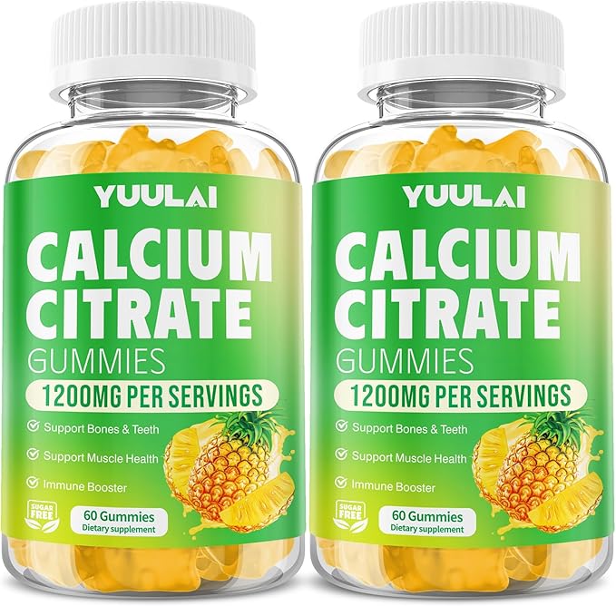 Pack of 2 Calcium Citrate Gummies 1200mg, Chewable Calcium Supplements for Women & Men, Sugar Free Calcium Gummies for Bone, Muscle & Immune Support, Pineapple Flavor, 120 Count