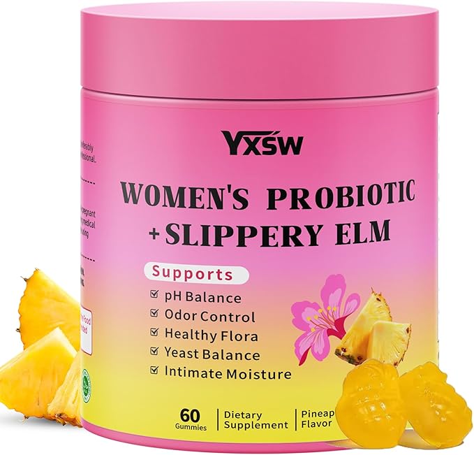 Women's Probiotics Slippery Elm Gummies, Her Juicy Feminine Probiotics Gummies Support pH Balance, Gut Health & Immune System, Sugar-Free, Pineapple Flavor, 60 Count