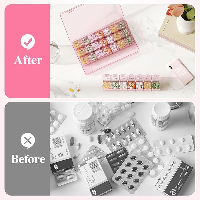 Lifewit Monthly Pill Organizer, 28 Day Pill Box, 4 Weeks One Month Vitamin Cases, Large Compartments Medicine Organizer for Fish Oils, Supplements, 28 Grids, Pink