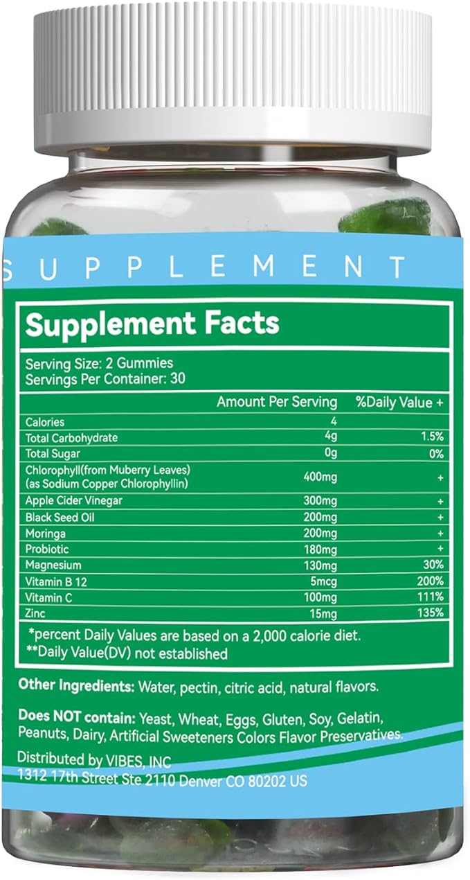 Sugar Free Chlorophyll Gummies, Vitamin B12 Zinc - Natural Deodorant*, Supports Healthy Skin & Body Detox*, Immune & Digestion Support, Chewable Chlorophyll Supplement for Women - 60 Count