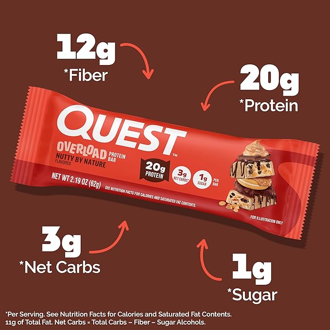 Quest Nutrition Overload Protein Bars, Nutty by Nature Flavored Protein Bars, 20g Protein, 1g Sugar, 3g Net Carbs, Gluten Free, 12 Count
