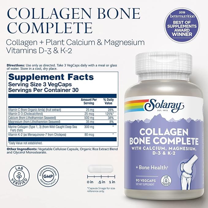 Solaray Collagen Bone Complete - Marine Collagen Capsules with Calcium, Magnesium, & Vitamin D3 for Women & Men, Bone Strength & Health Support - 90 Capsules