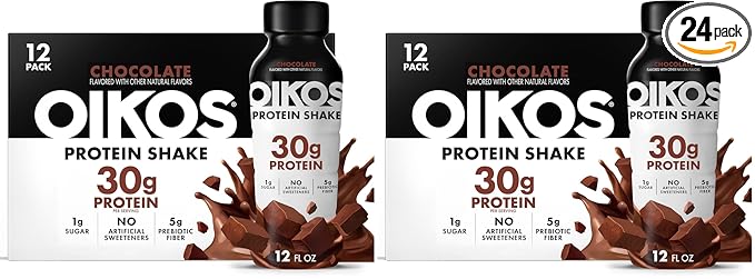 Oikos Protein Shake,Chocolate,30g High Protein Drinks,Shelf Stable,Ready to Drink,5g Prebiotic Fiber,12 fl oz Bottle,,(Pack of 24)