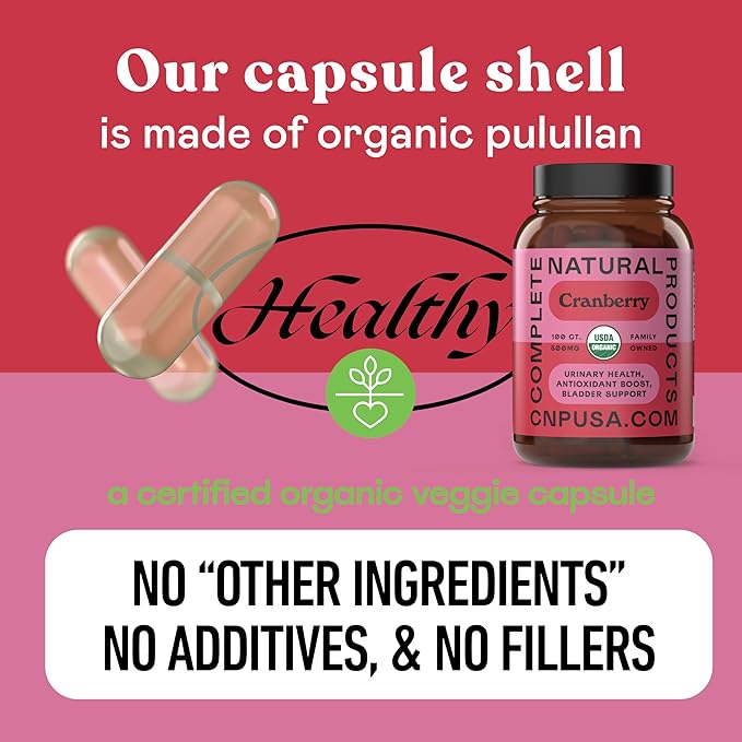 Organic Cranberry Capsules 500mg by Complete Natural Products - Cranberry Supplements for Women, Plant Based Powder for Urinary Tract & Bladder Support, Vegan Non GMO No Fillers Formula Made in USA