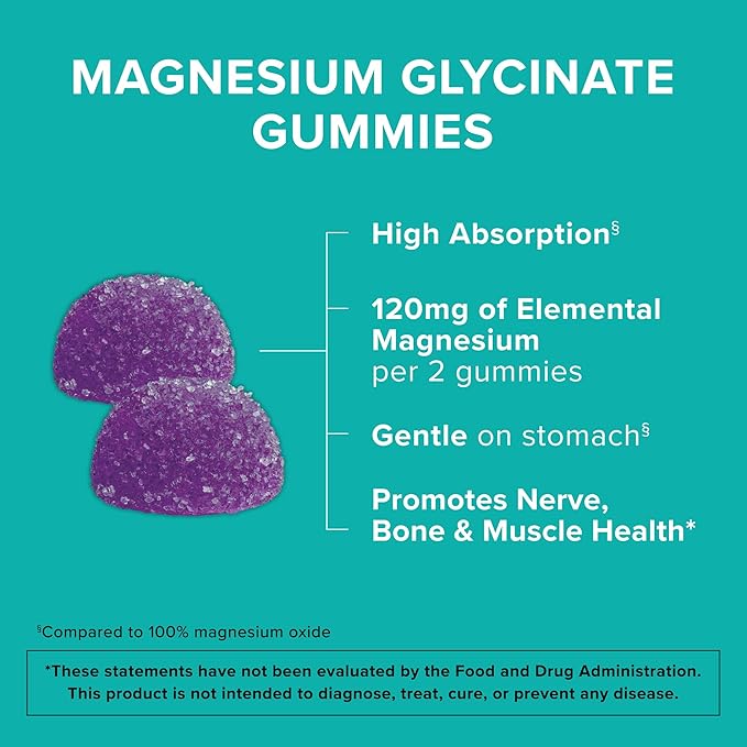 Qunol Magnesium Glycinate Gummies,120mg of Magnesium Glycinate,High Absorption,Mixed Berry,90 Count (Pack of 2)