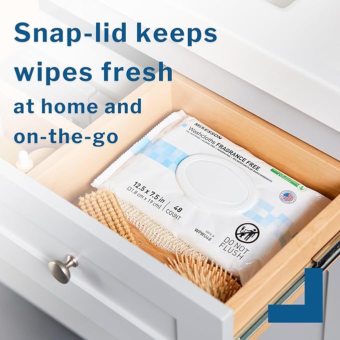 McKesson Washcloth Wipes, Unscented - Disposable Wet Wipes for Adults - Fragrance-Free, Paraben-Free - No-Rinse Formula, 48 Count, 3 Packs, 144 Total