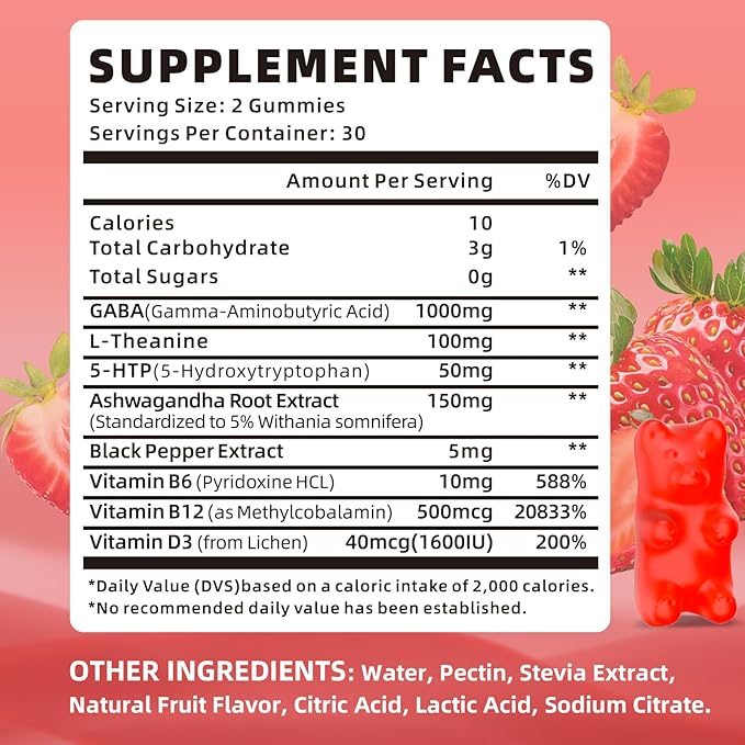 GABA Gummies 1000mg for Kids & Adults, Chewable GABA Supplements with L Theanine 5-HTP Ashwagandha Vitamins B6,B12,D3 for Calm & Zzz, Sugar-Free/Vegan, Strawberry Flavor 60 Count