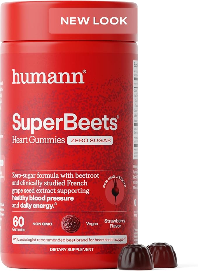 Humann SuperBeets Heart Gummies Zero Sugar - Beet Gummy with Energy Support, Grape Seed Extract & Beetroot Powder - 60 Count