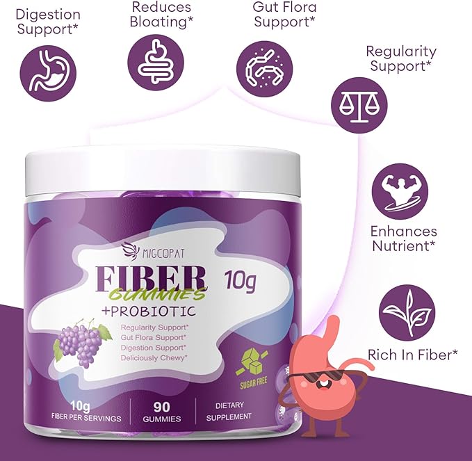 Migcopat 10G Fiber Gummies with 30 Billion CFU Probiotics, Grape Flavor, Bloating Support, Fiber Supplement with Vitamin C, ACV, Inulin, Sugar Free, 180 Count