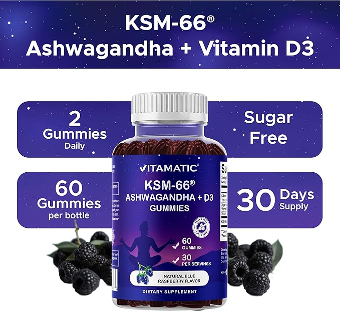 Vitamatic KSM-66® Ashwagandha + D3 Gummies – Natural Blue Raspberry Flavor – Sugar Free, Gluten Free, Non-GMO – 60 Gummies