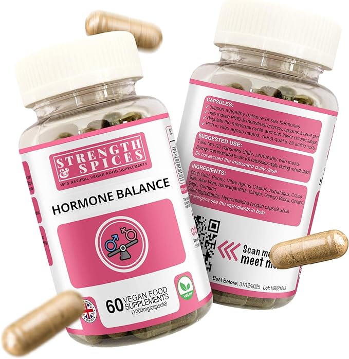 Strength & Spices Hormone Balance 100% Natural Estrogen Supplement – 12 Ingredients w Dong Quai - 60 Vegan UK Made 1000mg Capsules – Fertility and Menstrual Comfort