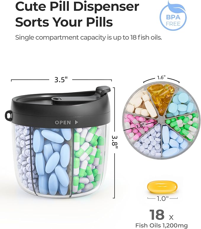 AMOOS Cute Pill Dispenser with 7 Large Compartments, Portable Pill Bottle Organizer with Wide Opening for Easy Use, Anti-Mix Pill Organizer for Travel, BPA-Free Pill Container, Black