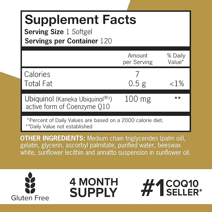 Qunol 100mg Ubiquinol, Powerful Antioxidant for Heart & Vascular Health, Essential for Energy Production, Natural Supplement Active Form of Coq10, 120 Count