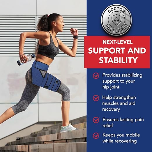 Dr. Arthritis Stabilizing Hip Brace for Men & Women, Thigh Compression Sleeve & Hip Support for Muscle Recovery, Hamstring Brace with Handbook, Sciatica Pain Relief Devices - Right Leg (L/XL, Navy)