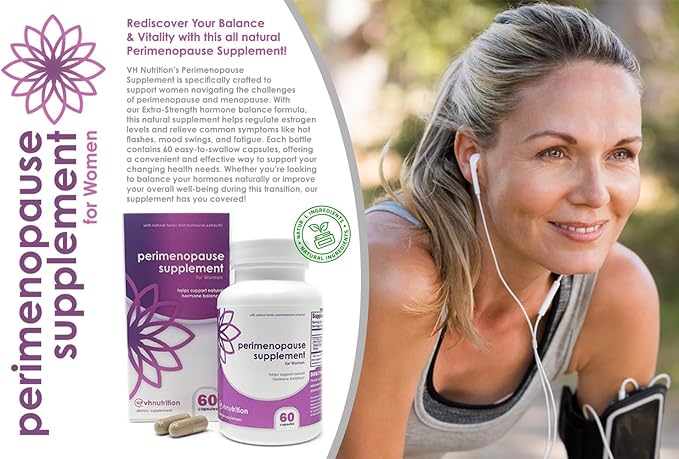 VH Nutrition Perimenopause Supplement for Women | Hot Flash, Mood, and Menstruation Cycle Support | 100% Herbal Formula: Black Cohosh, Vitex, & Shatavari. No Additives, or Fillers