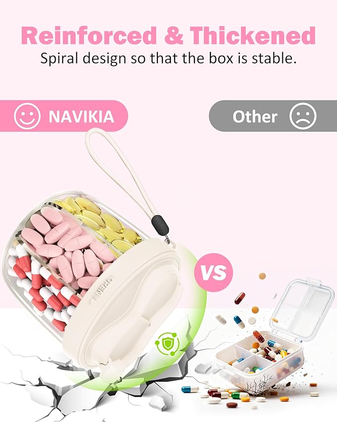 Cute Pill Organizer,Pill Dispenser with 7 Large Compartments,Portable Pill Bottle Box with Wide Opening for Easy Use, Anti-Mix Pills Organizer for Travel,Includes 20 Pcs Sticky Labels(White)