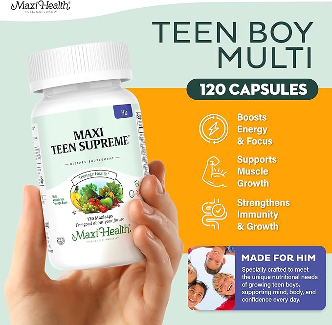 Teen Vitamins for Boys 12-17 - Teen Multivitamin Supreme with D3, Iron, Calcium, Biotin, Digestive Enzymes – Teenager Boy Multi Vitamins for Energy, Brain & Mood Support – 120 Count