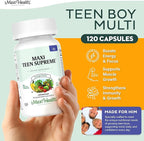 Teen Vitamins for Boys 12-17 - Teen Multivitamin Supreme with D3, Iron, Calcium, Biotin, Digestive Enzymes – Teenager Boy Multi Vitamins for Energy, Brain & Mood Support – 120 Count