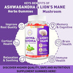 Ashwagandha Gummies - Organic Ashwagandha & Lions Mane Gummies for Adults with 4 Adaptogenic Herb for Stress, Cognitive & Immune Support| Cortisol Supplements for Women & Men, Berry Flavor - 60 Counts