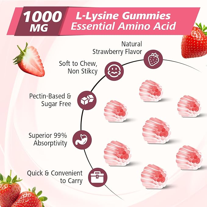 L-Lysine Gummies 1000mg, 7-in-1 Lysine Gummies for Adults & Kids, Essential Amino Acid with L-Arginine, L-Glutamine, Vitamin for Lip & Skin, Immune, Calcium Absorption, Strawberry Flavor, 60Ct