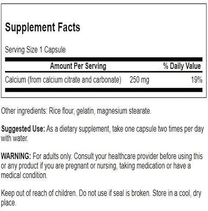 Swanson Calcium Citrate Complex Bone Muscle Nerve Health Blood Pressure Support Mineral Supplement 250 mg Calcium (from Citrate & Carbonate) 100 Capsules