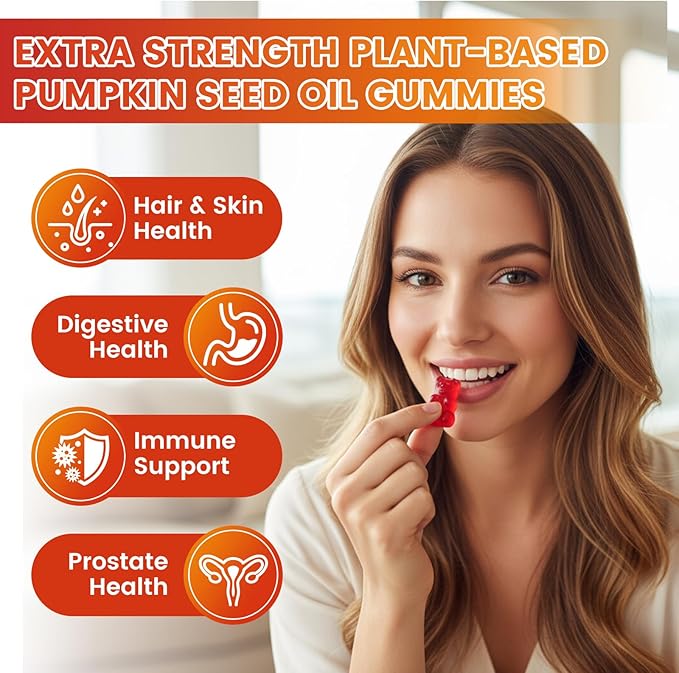 Organic Pumpkin Seed Oil Gummies with Saw Palmetto for Hair Growth & Skin Health | Vegan, Non-GMO, Gluten-Free Strawberry Flavor | 120 Count