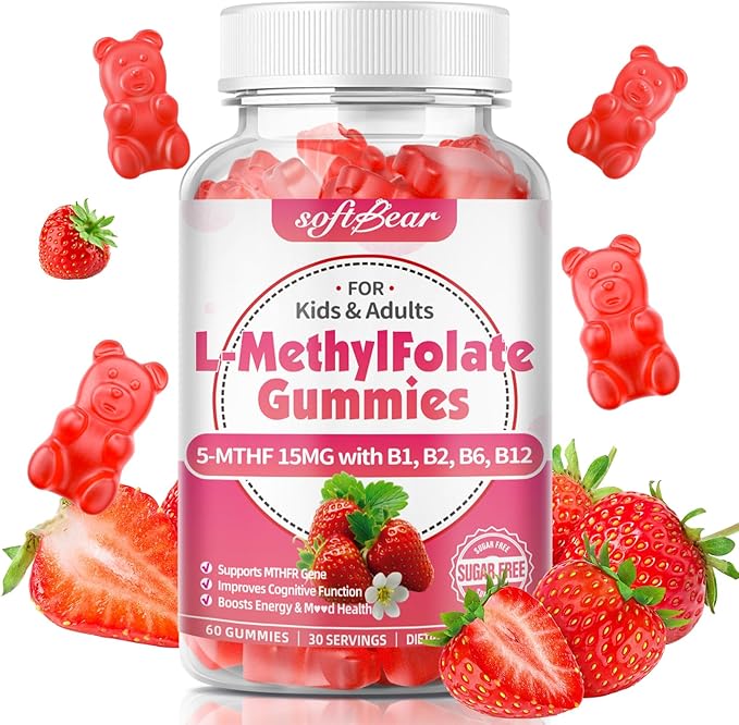 softbear L-Methylfolate 15mg Gummies for Kids & Adults, Organic Methylfolate Supplement 5-MTHF Plus Methyl B12, B1, B2, B6 Support MTHFR Gene, Cognition Function, Strawberry Flavor 60 Count