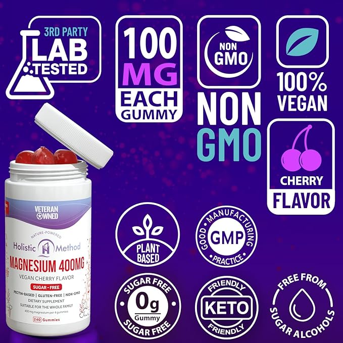 Magnesium Citrate Gummies for Kids & Adults - Sugar-Free, Vegan and Non-GMO for Better Sleep and Relaxation - Cherry Flavor with No Sugar Alcohol - 240 Count