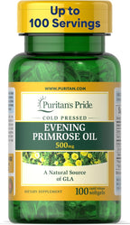 Puritan's Pride Cold Pressed Evening Primrose Oil 500 mg with GLA, Dietary Support Supplement for Womens and Skin Health, 100 Rapid Release Soft Gels