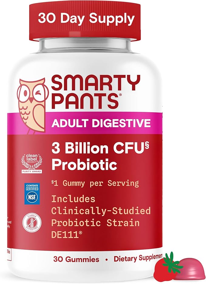 SmartyPants Adult Probiotic Gummies for Digestive Health: 3 Billion CFU, Gut Health and Immune Support Supplement, Clinically Studied Probiotic, Gluten Free, Strawberry, 30 Count (30 Day Supply)