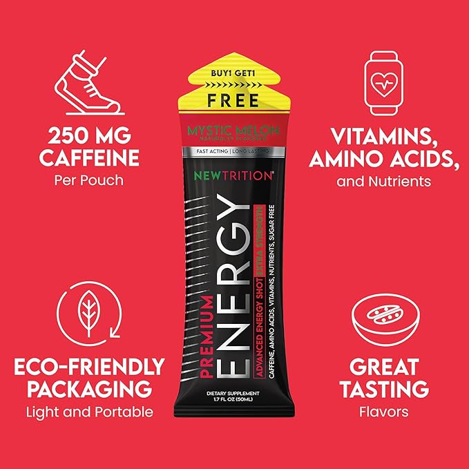 NewTrition® Extra Strength Energy Shots, 1.7 fl oz - 250mg Caffeine with Vitamin B & Amino Acids, Sugar-Free, Zero Calorie Vitamin Energy Drink for Focus & Endurance (Pack of 24, Mystic Melon)