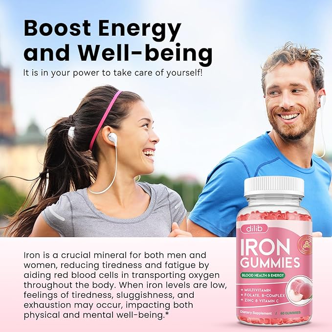 Iron Gummies with Multivitamin, Iron Supplement for Women & Men, Kids Multivitamin with Iron, Zinc, Vitamin B Complex & C, B12, Folate - Blood Builder, Energy Support, Peach Flavor, Vegan 60 Gummies