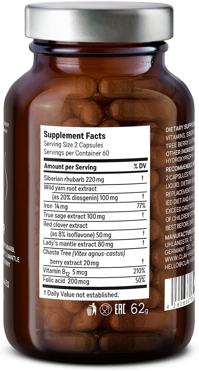 CLAV® Natural Hormone Balance for Women - PMS Relief with Siberian Rhubarb, Wild Yam & Vitex Berry - Vegan Menstrual Regulator Supplement - 120 Capsules