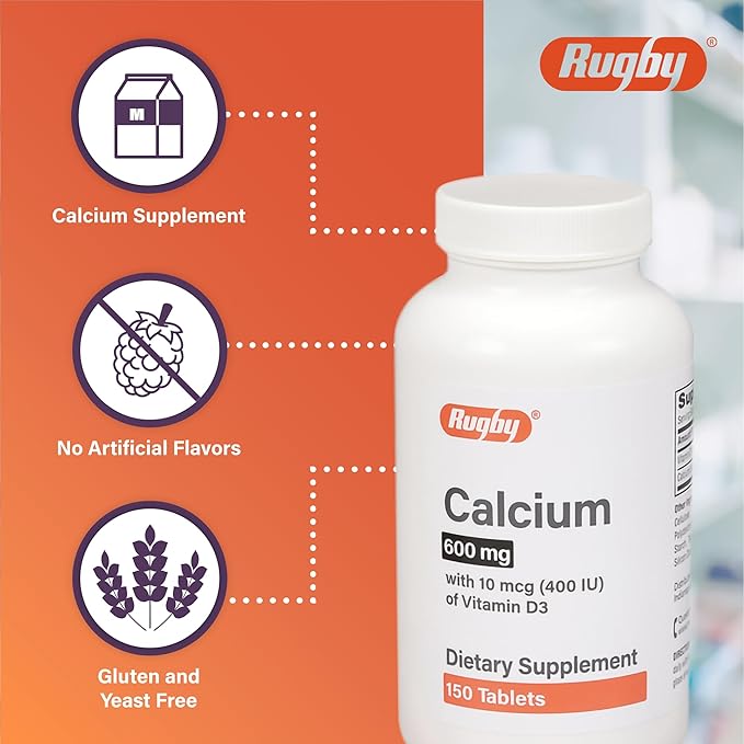 Rugby 600 mg Calcium Tablets - Made with 10 mcg (400 IU) of Vitamin D3 - Dietary Supplement - 150 Tablets