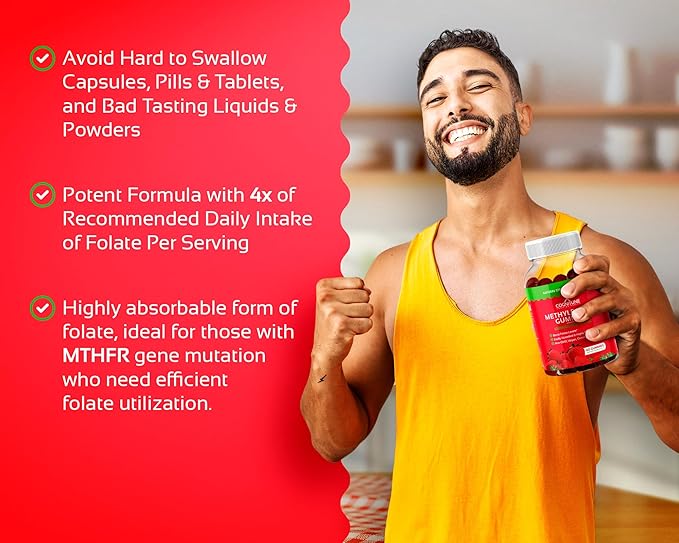 CogniTune Methylfolate Gummies for Kids and Adults - L-Methylfolate 1000mcg 5-MTHF Folate Supplement - MTHFR Support - Strawberry Chewable Vitamin B9 - Non-GMO Vegan - 60 Count