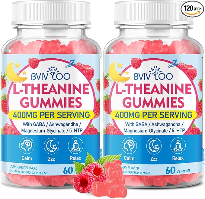 L-Theanine Gummies with L-Theanine 400 mg, Ashwagandha, GABA, 5-HTP, Magnesium Glycinate for Calm, ZZZ & Relaxation Support - Vegan, Raspberry Flavor, 120 Count