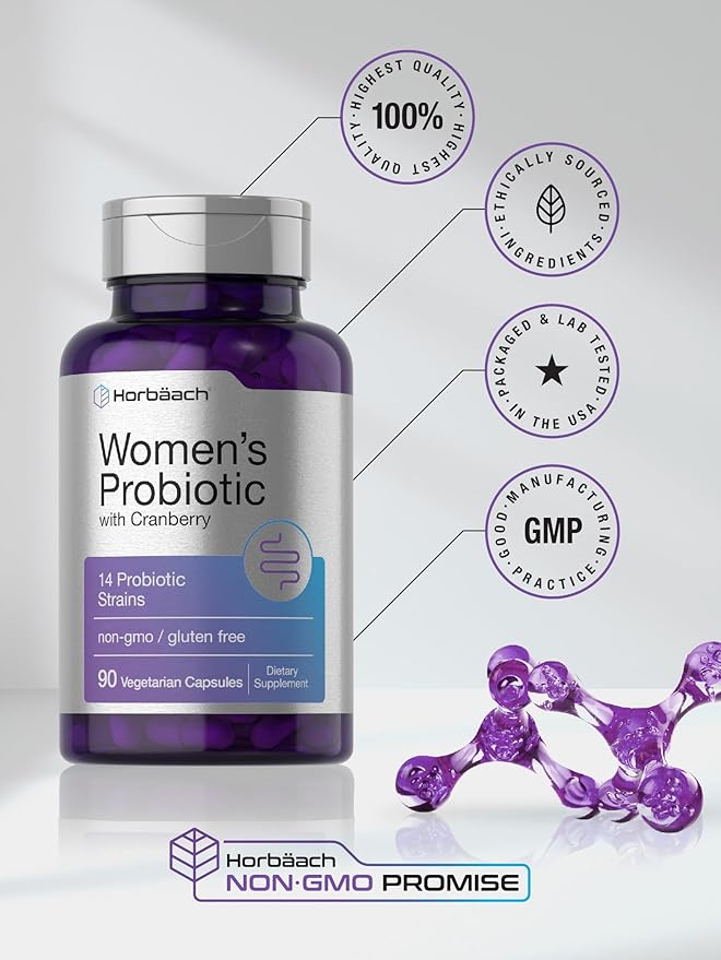 Horbäach Probiotic for Women with Cranberry | 90 Vegetarian Capsules | Dietary Supplement with 14 Probiotic Strains | Non-GMO, Gluten Free Supplement