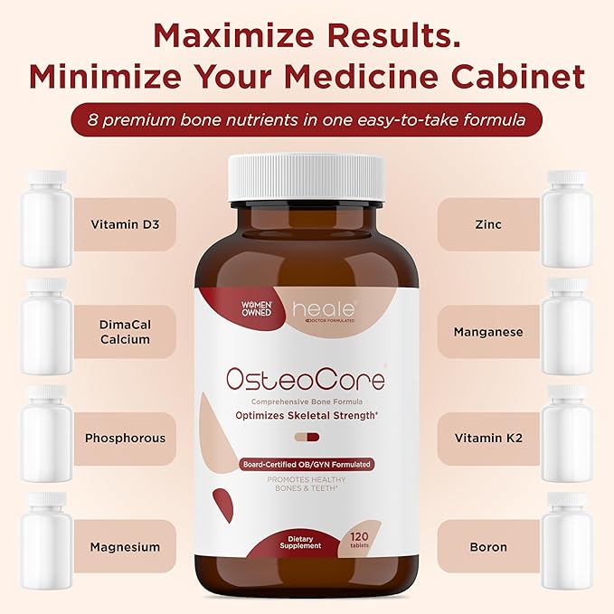OsteoCore - Calcium Supplements for Women (1 Month Supply) Osteoporosis & Bone Health - Calcium Absorption - Vitamin D3 & Vitamin K2 Complex - Gluten Free, Non GMO, Made in USA by Heale - 120 Tablets