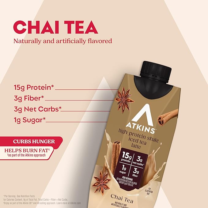 Atkins Chai Tea Latte Flavored Protein Shake, High Protein Shake, Low Glycemic, Low Carb, Low Sugar, Keto Friendly, Gluten Free, Ready to Drink Protein Shake, 12 count (3 sets of 4)