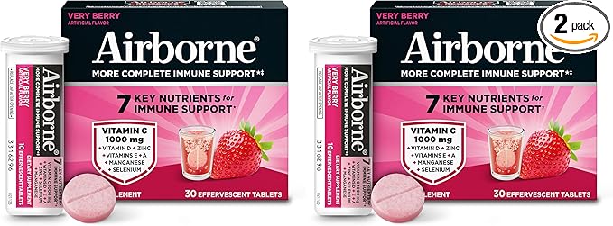 Airborne 1000mg Vitamin C with Vitamin D & Zinc, Sugar Free Multivitamin Immune Support Supplement, Antioxidants Vitamins A C & E, Very Berry Flavor, 30 Tablets (Pack of 2)