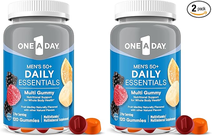 ONE A DAY Men’s 50+ Daily Essentials Multivitamin Gummies, Multivitamin for Men Over 50, Fruit Medley Flavor, 120 Gummies,(Pack of 2)