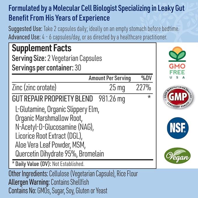 Leaky Gut Repair Natural Gut Health Supplement Glutamine Organic Slippery Elm NAG Marshmallow Root Aloe Vera MSM Quercetin Bromelain Promotes Digestive Ease, Gut Wellness 1000mg 60 Caps