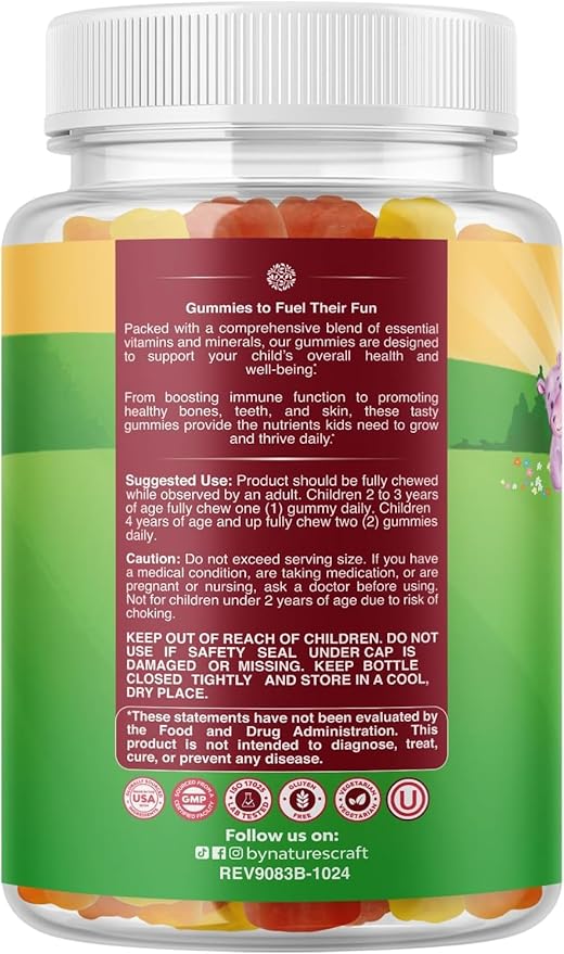 Plant Based Kids Multivitamin Gummies - Multivitamin for Kids Immune Support with Vitamins A, C, D3, E, B6 & B12, Zinc & Iodine - Children's Vitamins Chewable Formula for Strong Health - 90 Count