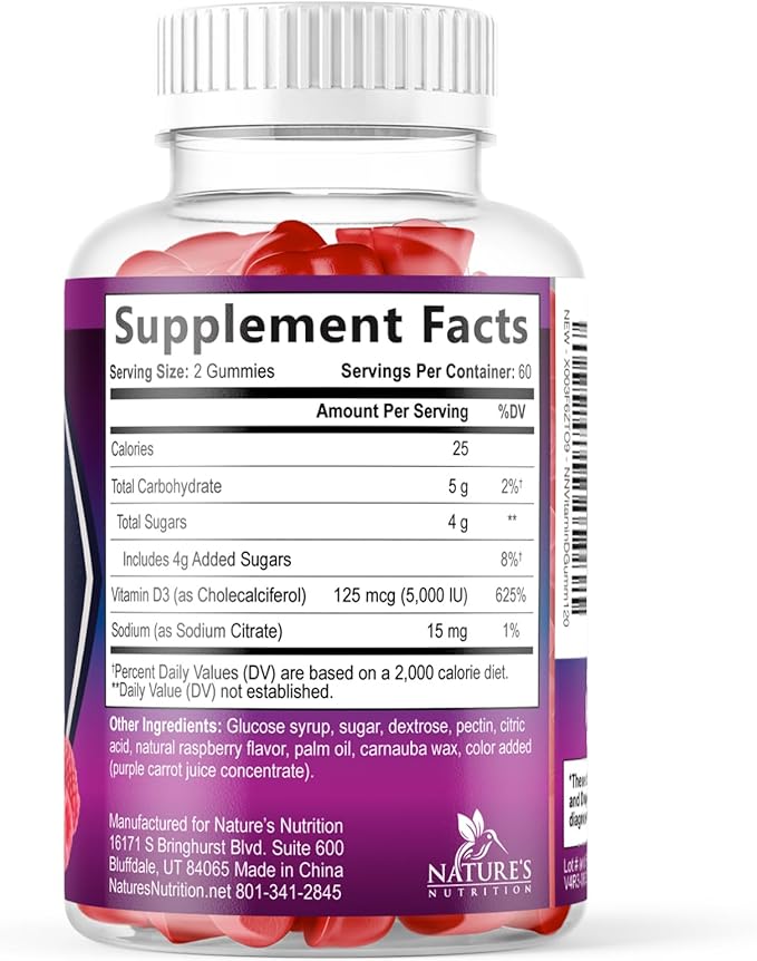 Vitamin D Supplement Gummy - Vitamin D3 125 mcg 5000 IU Per Serving - Bone, Teeth, Muscle and Immune Health Support for Men & Women, Premium VIT D3 Nature's & Gluten Free - 120 Gummies