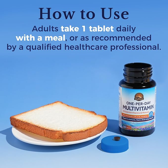 Vitalitown Multivitamin for Women & Men, with Iron, Zinc, Vitamin D3, A, C, B, E, 19 Key Nutrients, One Per Day, for Energy, Immune, Brain, Heart Support, 120 Tablets