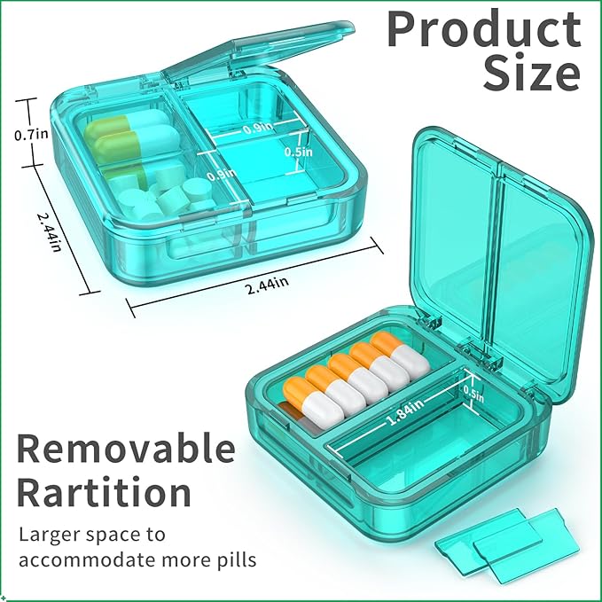 Small Pill Box,4 Compartments Travel Pill Case, Portable Pill Organizer,Mini Pill Container for Pocket,Daily Compact Travel Medicine Holder for Vitamins Fish Oil and Supplement Storage(Green+Cyan)
