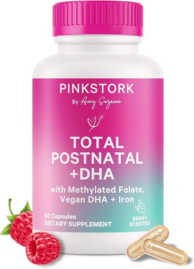 Pink Stork Total Postnatal Vitamins for Women | Vegan DHA, Iron, Folate, B12 | Postpartum Recovery Essentials | Lactation Support for Breastfeeding Moms | Third-Party Tested - 60 Capsules, Berry