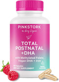 Pink Stork Total Postnatal Vitamins for Women | Vegan DHA, Iron, Folate, B12 | Postpartum Recovery Essentials | Lactation Support for Breastfeeding Moms | Third-Party Tested - 60 Capsules, Berry