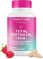 Pink Stork Total Postnatal Vitamins for Women | Vegan DHA, Iron, Folate, B12 | Postpartum Recovery Essentials | Lactation Support for Breastfeeding Moms | Third-Party Tested - 60 Capsules, Berry